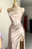 Dark Green Mermaid Satin Spaghetti Straps Long Prom Dress With Split HZ1108