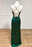 Dark Green Mermaid Satin Spaghetti Straps Long Prom Dress With Split HZ1108