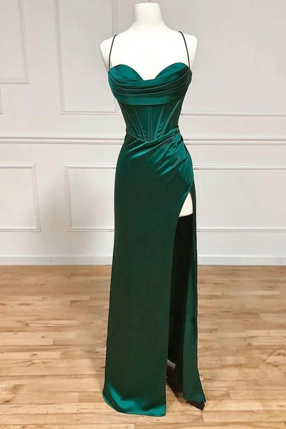 Dark Green Mermaid Satin Spaghetti Straps Long Prom Dress With Split HZ1108