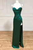 Dark Green Mermaid Satin Spaghetti Straps Long Prom Dress With Split HZ1108