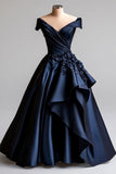 Dark Navy A-Line V Neck Satin Long Prom Dress Simple Applique Evening Dress HZ1108