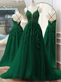 Dark Green A-Line Tulle Lace Long Prom Dress V Neck Lace Formal Evening Dress HZ1108