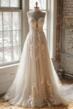 Diamond White A-Line Sweetheart Neck Tulle Beaded Long Prom Dress Simple Applique Wedding Dress HZ1108