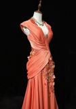 Bright Orange Mermaid V-Neck Satin Beaded Long Prom Dress Sequined Evening Gown HZ1108