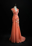 Bright Orange Mermaid V-Neck Satin Beaded Long Prom Dress Sequined Evening Gown HZ1108