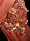 Bright Orange Mermaid V-Neck Satin Beaded Long Prom Dress Sequined Evening Gown HZ1108