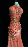 Bright Orange Mermaid V-Neck Satin Beaded Long Prom Dress Sequined Evening Gown HZ1108