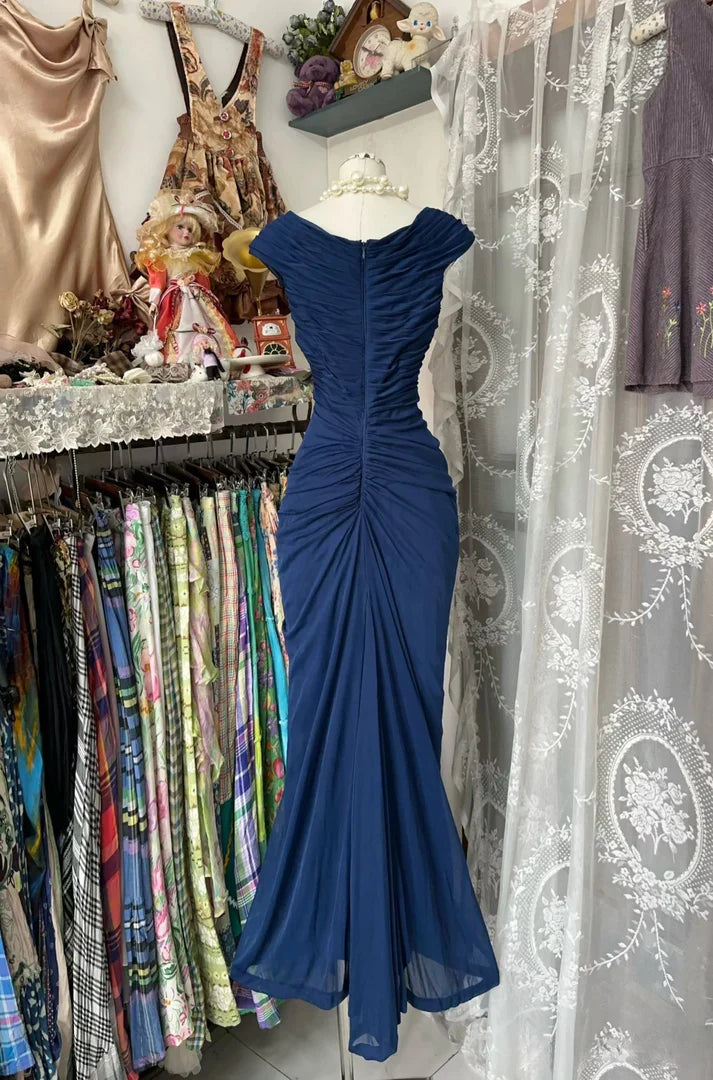 ??Vintage Midnight Blue Mermaid Gown ??V Neck Pretty Prom Dress for Events&Party HZ1108