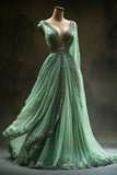 Aesthetic A-Line V Neckline Green Tulle Long Prom Dress Sweet Beaded Evening Dress HZ1108