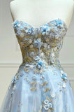 Blue A-Line Sweetheart Tulle Appliques Long Prom Dress, Strapless Evening Dress HZ1108