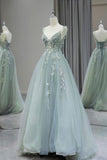 A-Line V Neck Tulle Beaded Applique Long Prom Dress, Spaghetti Strap Formal Evening Dress HZ1108
