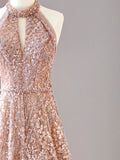 A-Line Halter Neck Sequined Tulle Long Prom Dress, Formal Evening Dress HZ1108