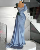 Blue Mermaid Sweetheart Satin Long Prom Dress Beaded One Shoulder Formal Evening Dress HZ1108