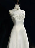 A-Line Spaghetti Strap Beaded Satin Long Prom Dress White Wedding Dress Graduation Prom Dress HZ1108