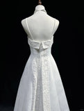 A-Line Spaghetti Strap Beaded Satin Long Prom Dress White Wedding Dress Graduation Prom Dress HZ1108