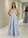 A-Line Sweetheart Neck Tulle Lace Blue Long Prom Dress Graduation Prom Dress HZ1108