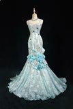 Sky Blue Mermaid Spaghetti Straps Organza Diamond Long Prom Dress Lace Floral Evening Gown HZ1108