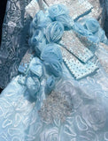 Sky Blue Mermaid Spaghetti Straps Organza Diamond Long Prom Dress Lace Floral Evening Gown HZ1108