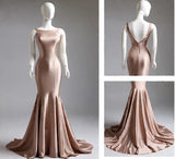 Deep Champagne Mermaid Simple Satin Long Prom Dress Backless Evening Gown HZ1108