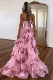 Sweetheart A-Line Chiffon Floral Print Ruffle Long Prom Dress with Slit HZ1108
