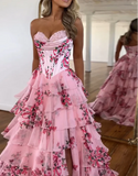 Sweetheart A-Line Chiffon Floral Print Ruffle Long Prom Dress with Slit HZ1108