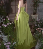 Beautiful Green A-Line Strapless Satin Applique Long Prom Dress Cute Birthday Dress Formal Evening Dress HZ1108