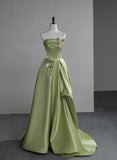 Beautiful Green A-Line Strapless Satin Applique Long Prom Dress Cute Birthday Dress Formal Evening Dress HZ1108