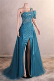 A-Line One Shoulder Tulle Beaded Long Prom Dress Elegant Evening Gown HZ1108