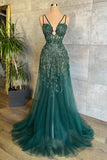 Dark Green A-Line Spaghetti Strap Tulle Beads Long Prom Dress With Appliques HZ1108