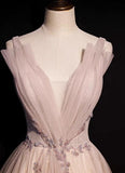 Blush Pink A-Line V-neck Glitter Tulle with Beaded Long Prom Dress Adult Ceremony Evening Dress HZ1108
