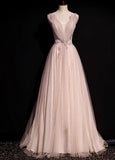 Blush Pink A-Line V-neck Glitter Tulle with Beaded Long Prom Dress Adult Ceremony Evening Dress HZ1108