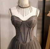 A-Line Spaghetti Strap Tulle Beaded Long Prom Dress Graduation Prom Dress Birthday Dress HZ1108