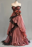 Cute Pink A-Line Strapless Chiffon Tulle Long Prom Dress Vintage Applique Birthday Prom Dress HZ1108