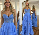 A-Line Sweetheart Neck Chiffon Lace Blue Long Prom Dress, Blue Long Graduation Dress HZ1108