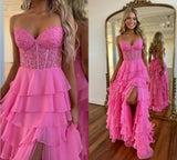 A-Line Sweetheart Neck Chiffon Lace Blue Long Prom Dress, Blue Long Graduation Dress HZ1108