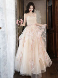 Champagne A-Line Tulle Sequins Long Prom Dress Embroidery Applique Formal Evening Dress HZ1108