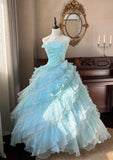 Cute Sky Blue A-Line Strapless Tulle Beaded Long Prom Dress Sequined Layered Adult Ceremony Dress HZ1108