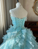 Cute Sky Blue A-Line Strapless Tulle Beaded Long Prom Dress Sequined Layered Adult Ceremony Dress HZ1108