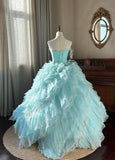 Cute Sky Blue A-Line Strapless Tulle Beaded Long Prom Dress Sequined Layered Adult Ceremony Dress HZ1108
