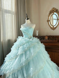 Cute Sky Blue A-Line Strapless Tulle Beaded Long Prom Dress Sequined Layered Adult Ceremony Dress HZ1108