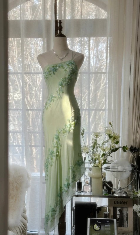 Fairytale Light Green Simple Bodycon Party Dresses Elegant One Shoulder Chiffon Applique Beaded Prom Dress HZ1108