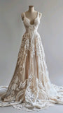 Champagne Vintage A-Line Spaghetti Strap Lace Tulle Long Prom Dress Wedding Dress HZ1108