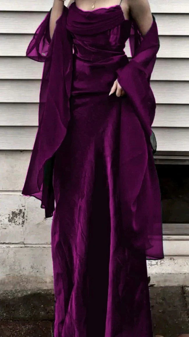 ??Vintage Dark Green Prom Dress Spaghetti Strap Chiffon Evening Gown with Shawl HZ1108