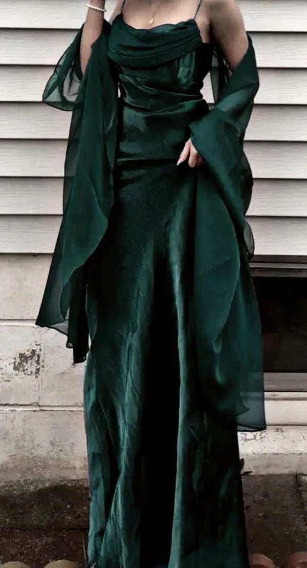 ??Vintage Dark Green Prom Dress Spaghetti Strap Chiffon Evening Gown with Shawl HZ1108
