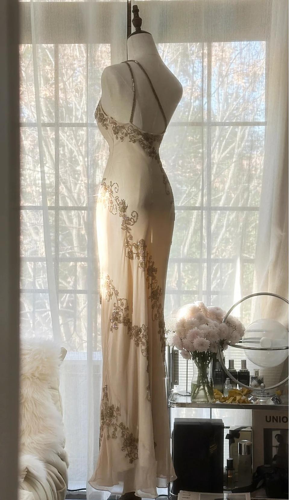Champagne Retro Chiffon Sheath Party Dress One Shoulder Beaded Long Prom Dress HZ1108