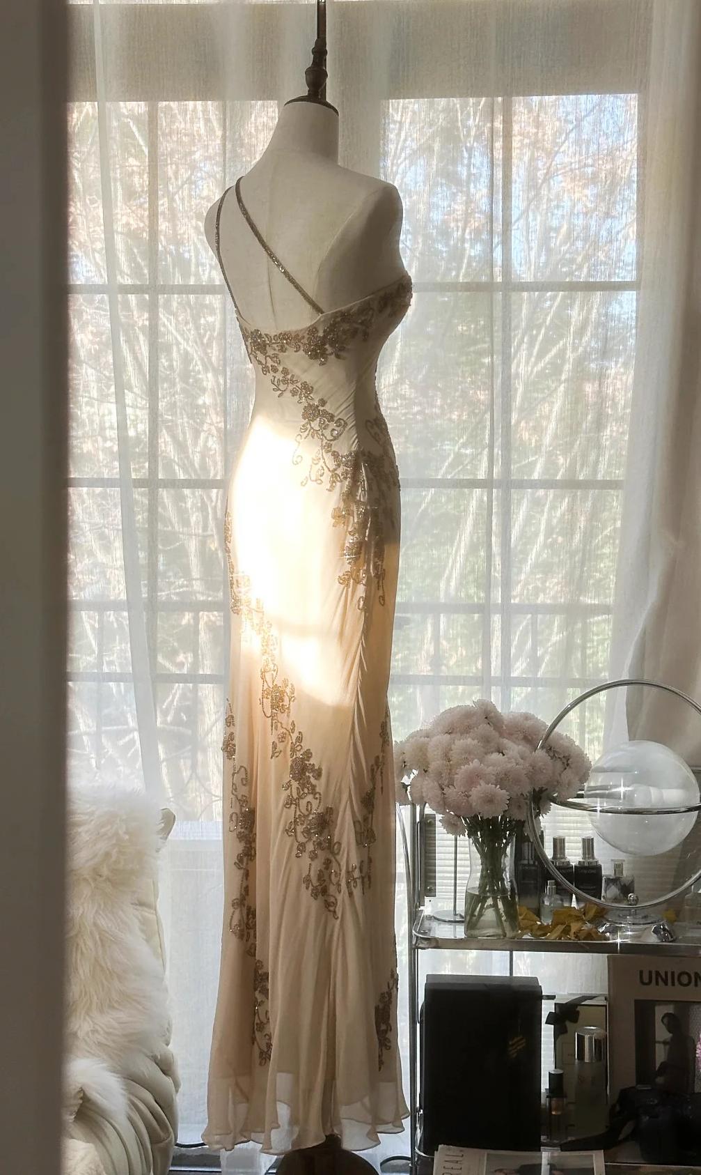 Champagne Retro Chiffon Sheath Party Dress One Shoulder Beaded Long Prom Dress HZ1108