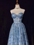 Blue A-Line Sweetheart Neck Tulle Sequin Long Prom Dress Exquisite Birthday Dress HZ1108