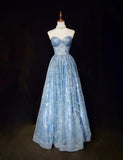 Blue A-Line Sweetheart Neck Tulle Sequin Long Prom Dress Exquisite Birthday Dress HZ1108