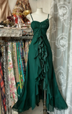 Elegant Black Chiffon Mermaid Party Dresses with Silt Spaghetti Straps Long Prom Dresses HZ1108