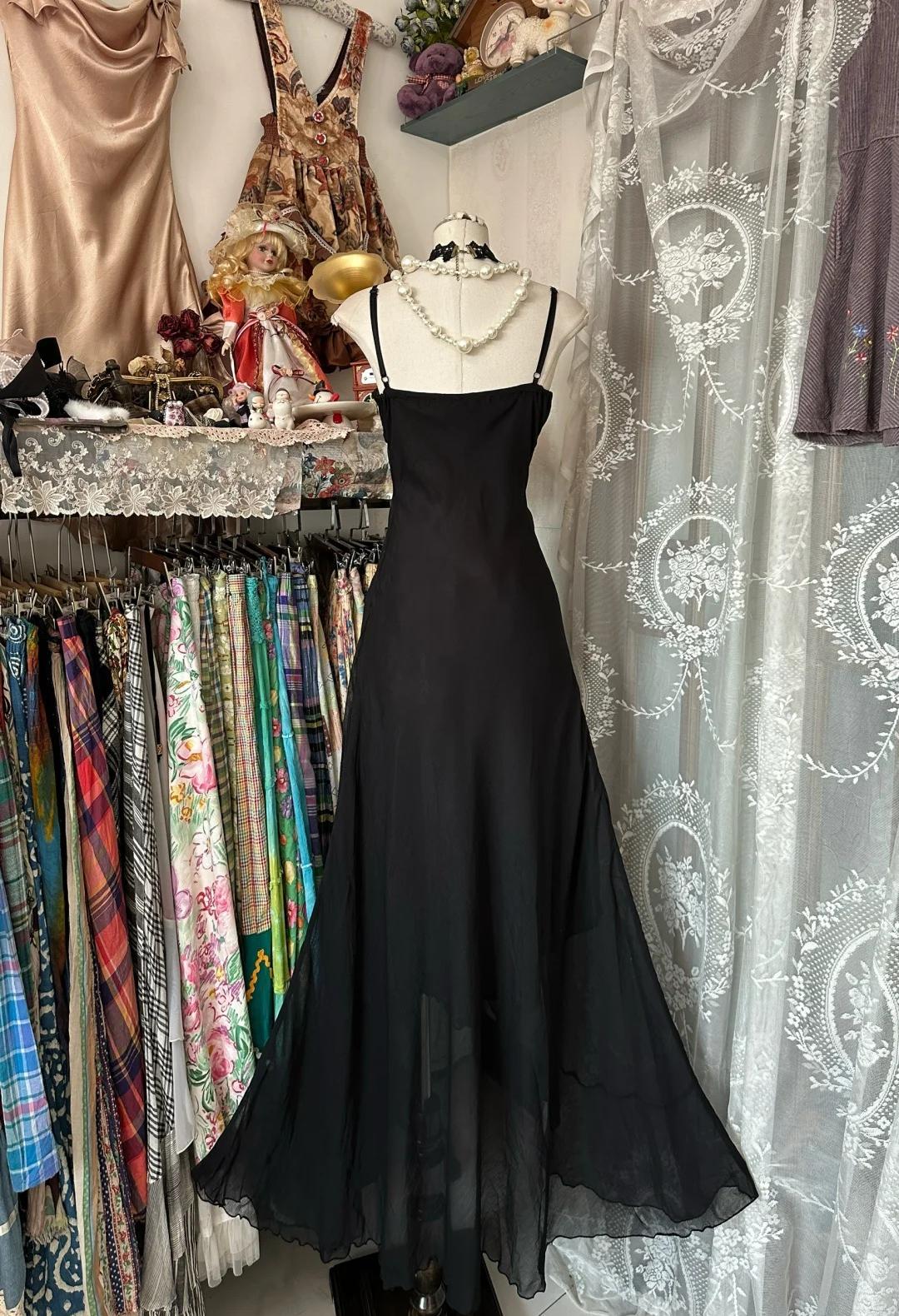 Elegant Black Chiffon Mermaid Party Dresses with Silt Spaghetti Straps Long Prom Dresses HZ1108